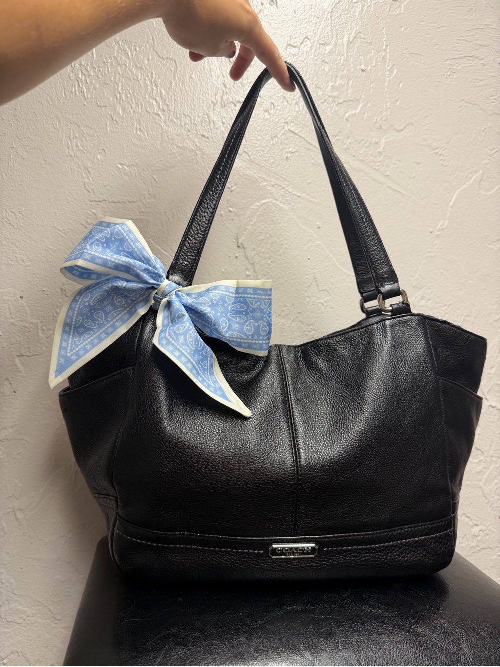 Coach Black Leather Tote with Light Blue Scarf